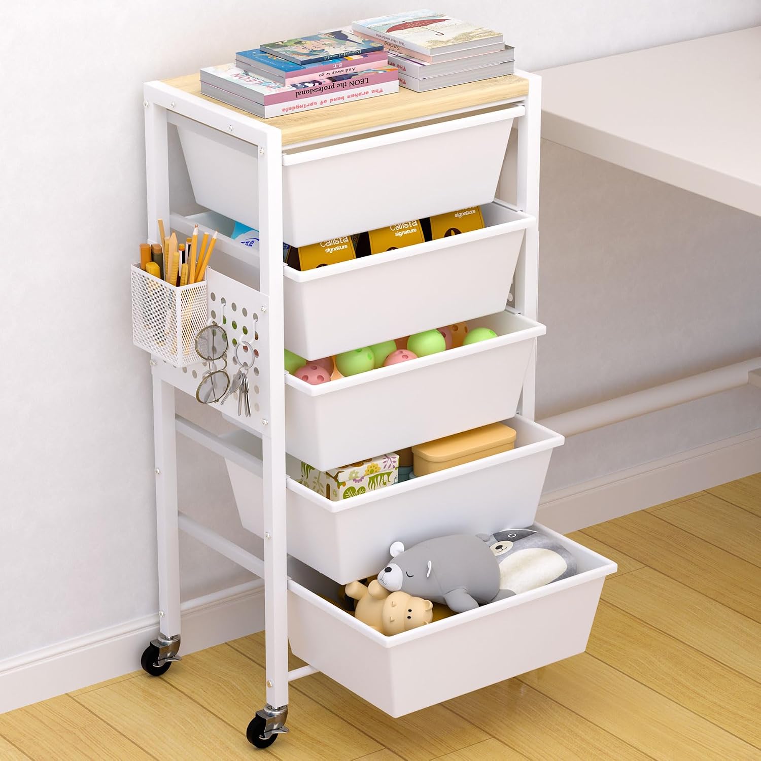 JOWEI 5-Drawer Rolling Storage Cart with Pegboards