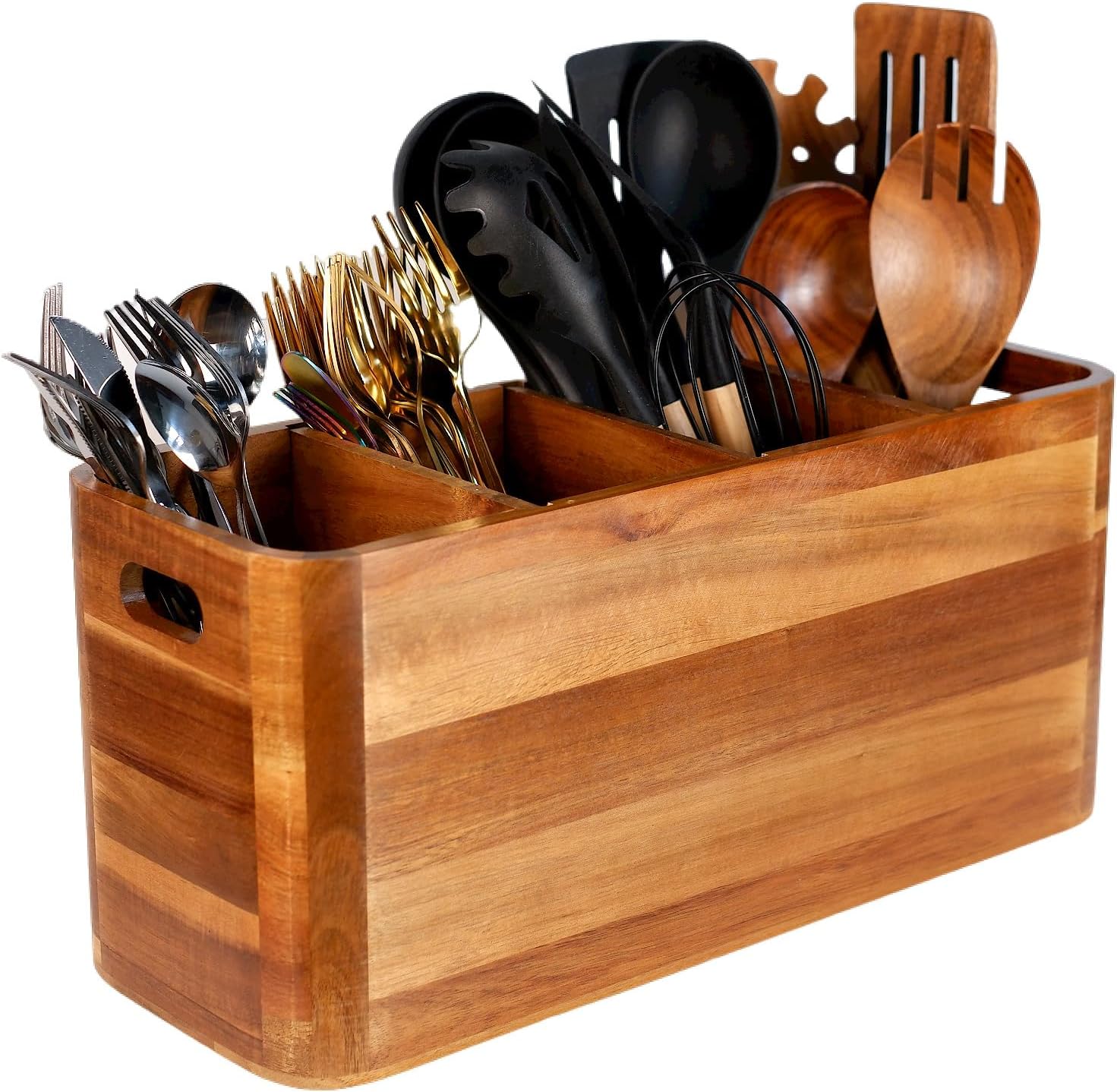 JOWEI Large 4-Compartment Acacia Wood Utensil Holder