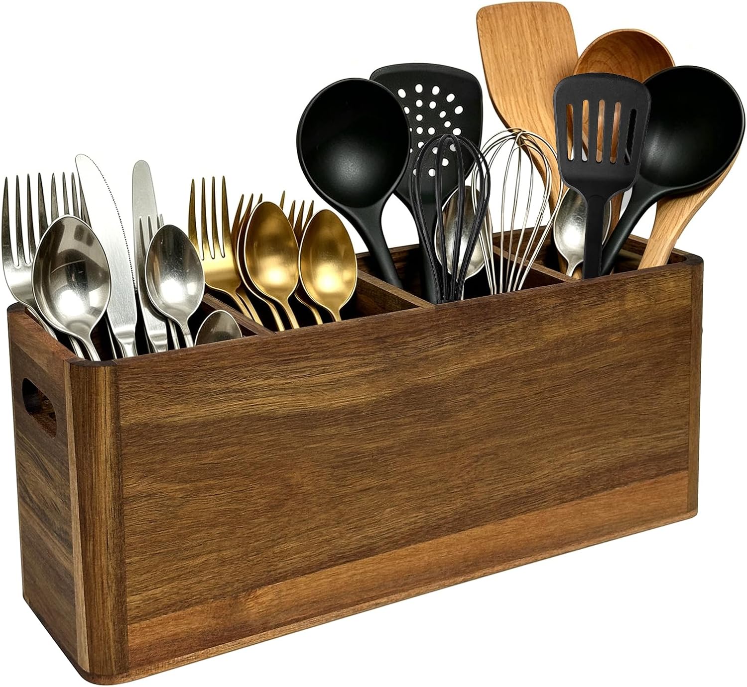 JOWEI Extra-Large 4-Compartment Wooden Utensil Organizer
