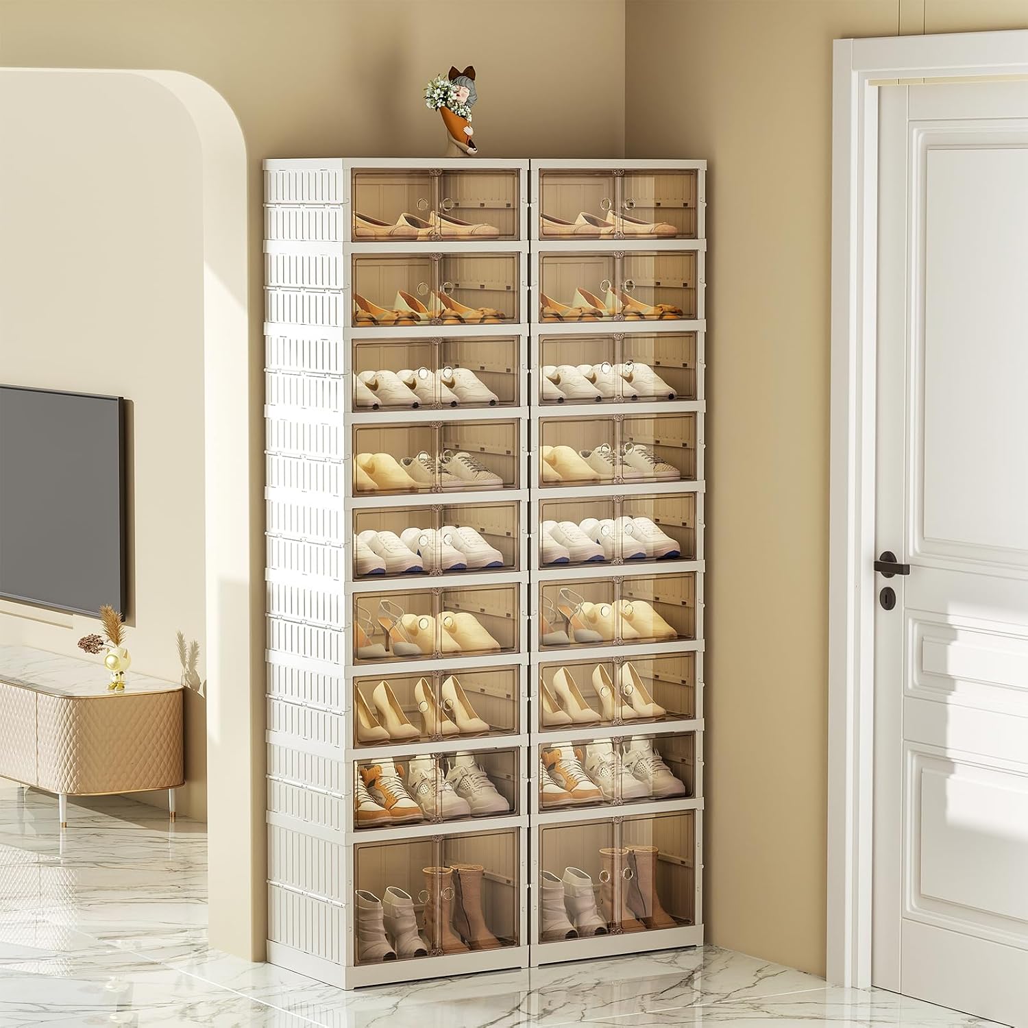 JOWEI 9-Tier Collapsible Shoe Storage Cabinet with Wheels