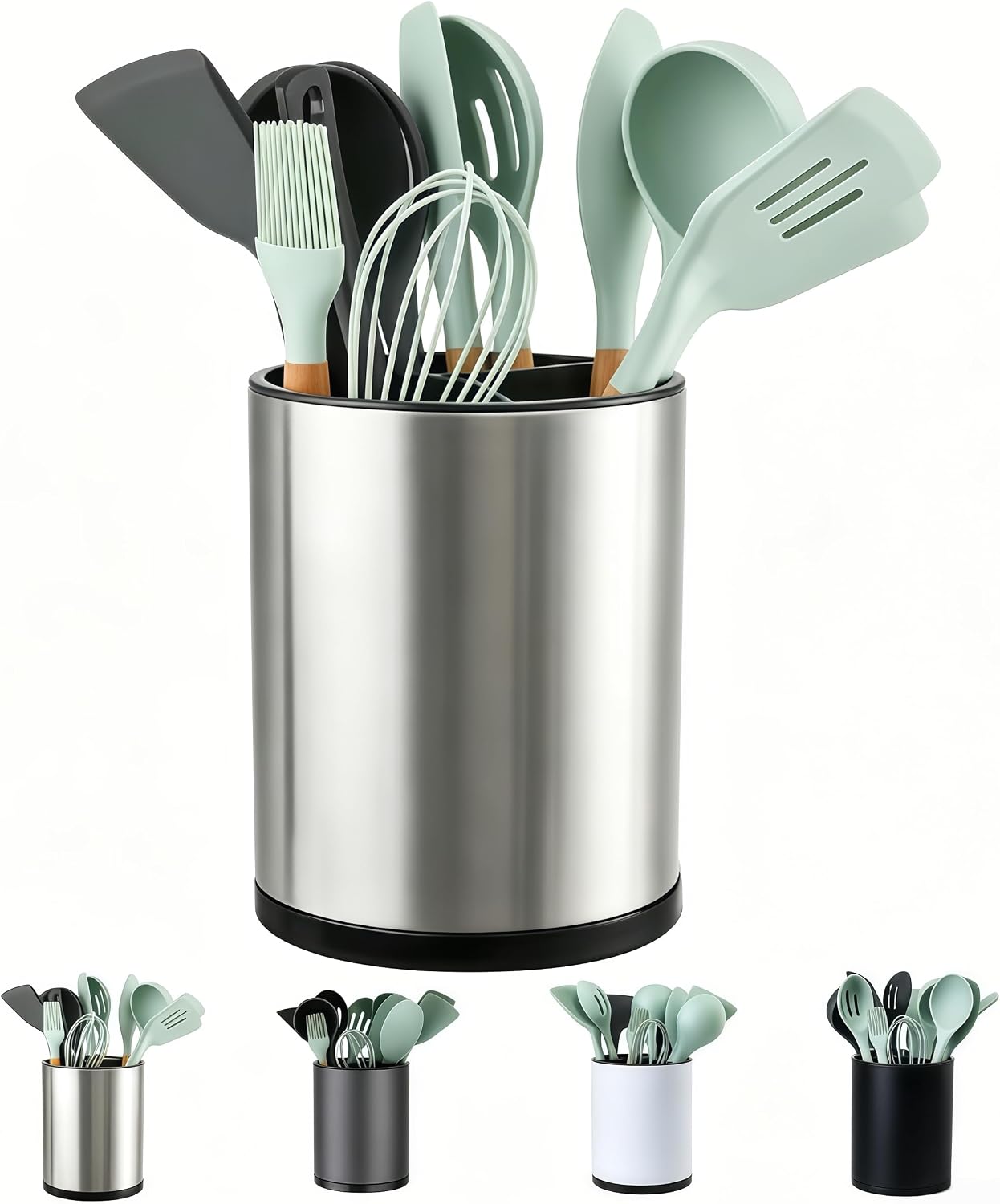 JOWEI Extra-Large 3-Compartment Rotating Stainless Steel Utensil Holder