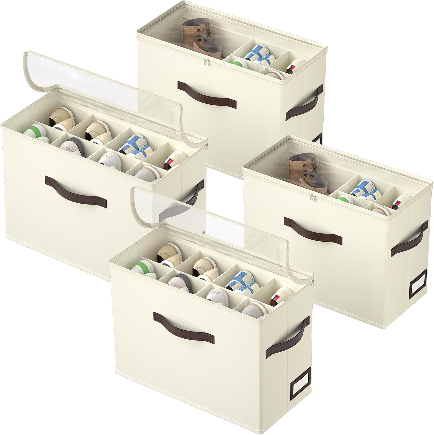 JOWEI 4-Pack Foldable Shoe Storage Bins with Dividers