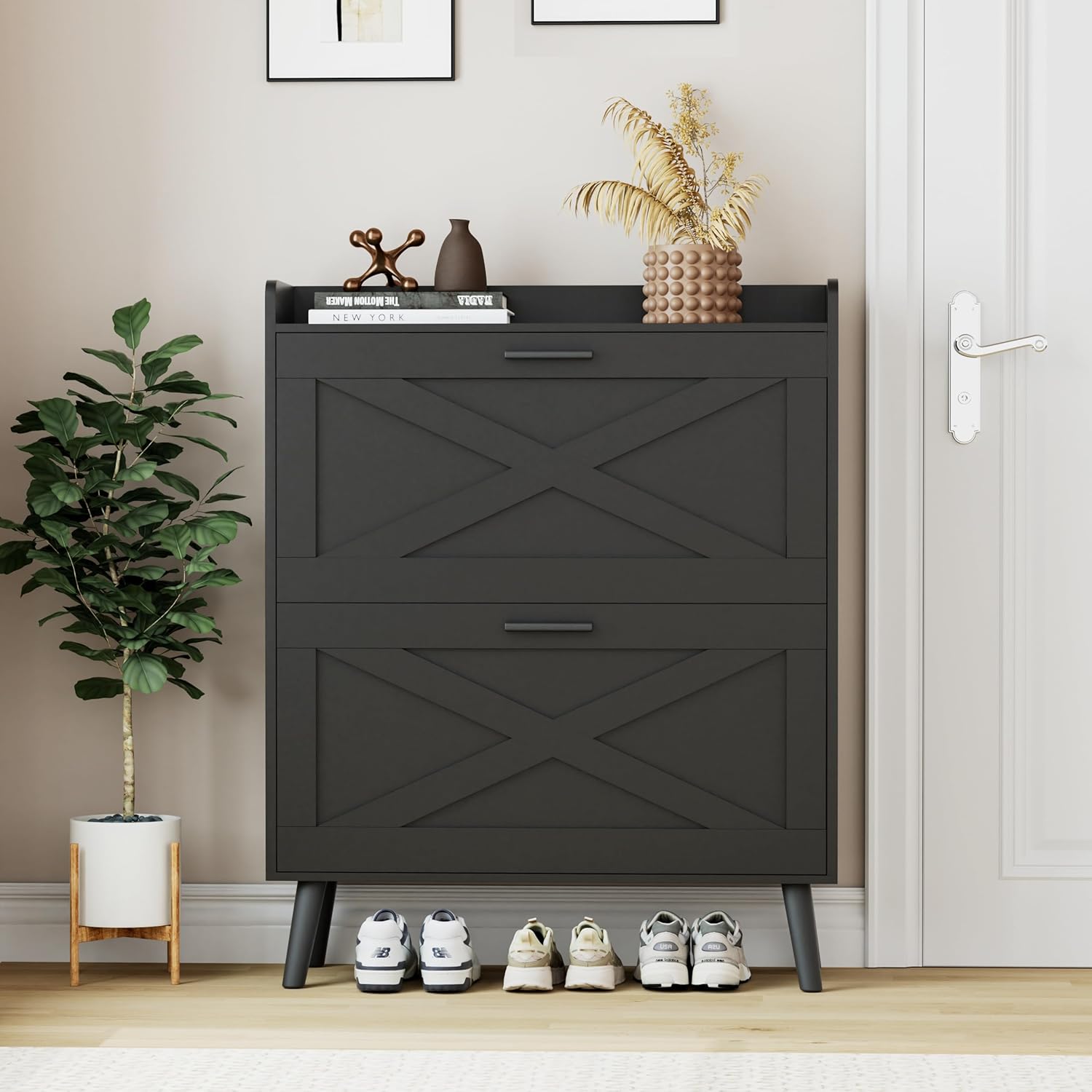 JOWEI Slim Farmhouse Shoe Cabinet with Flip Drawers